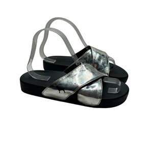 PINK Victoria’s Secret Silver and Black slide on Sandals with Metallic Straps